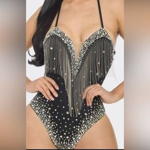 Black bodysuit with clear crystals and fringes, stretchy,S M L